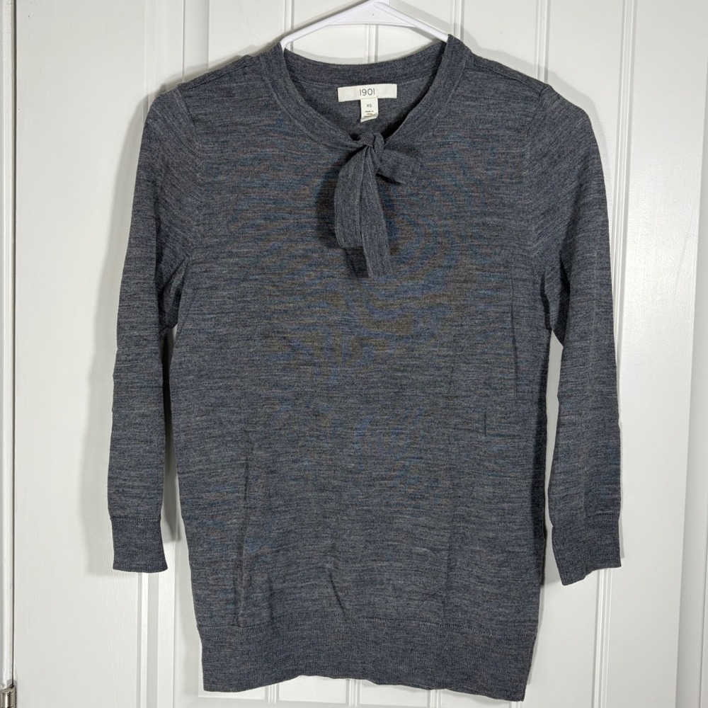 1901 Nordstrom Womens Gray Tie Neck Bow Sweater 3/4 Sleeve XS